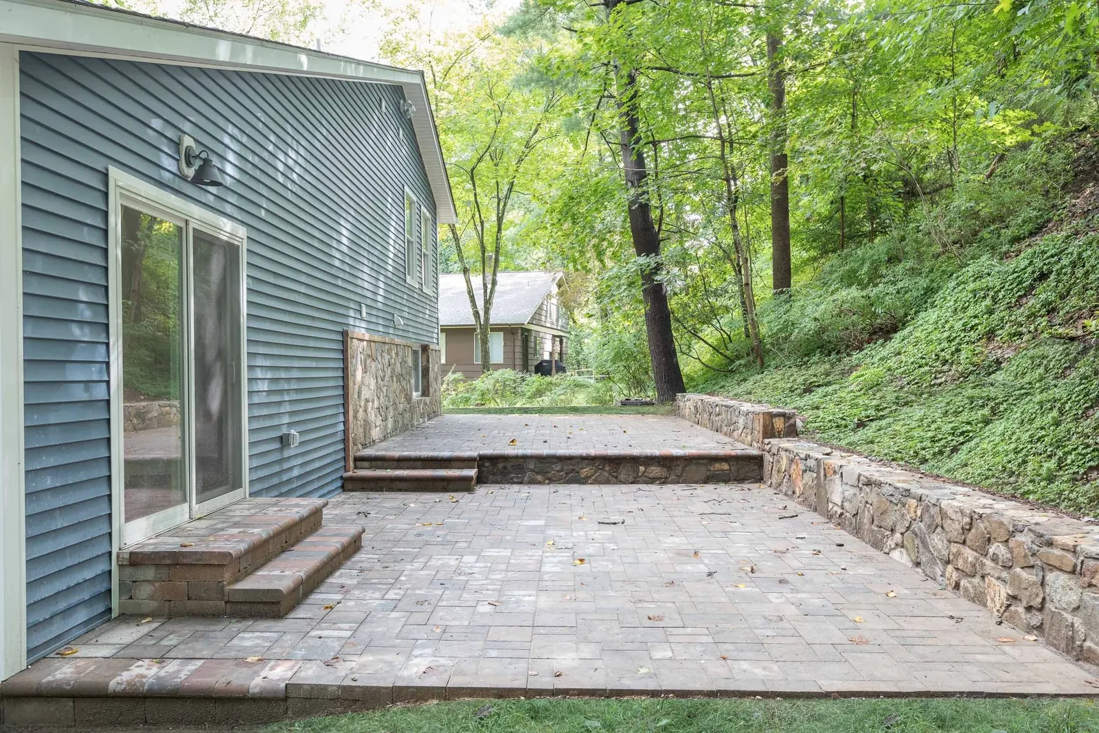 Rear patio with stone steps off the blue siding