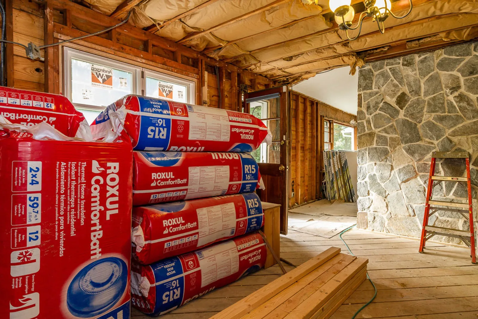 During construction: interior gutted to the studs with the stone fireplace