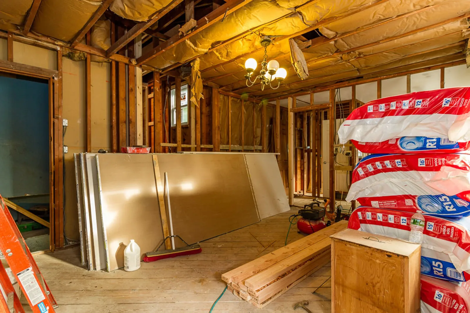 During construction: framing and materials staged inside