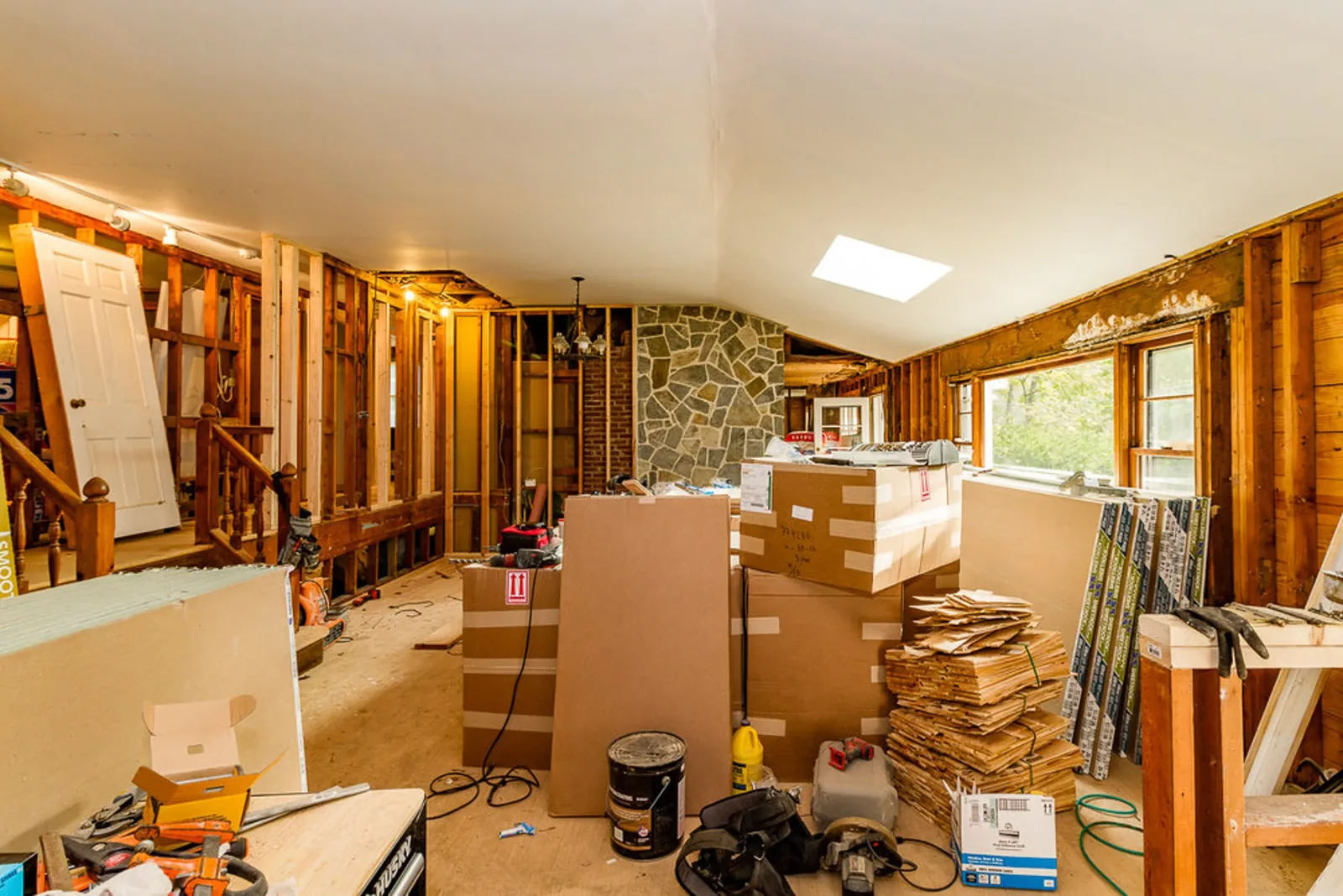 During construction: a finished ceiling above new framing